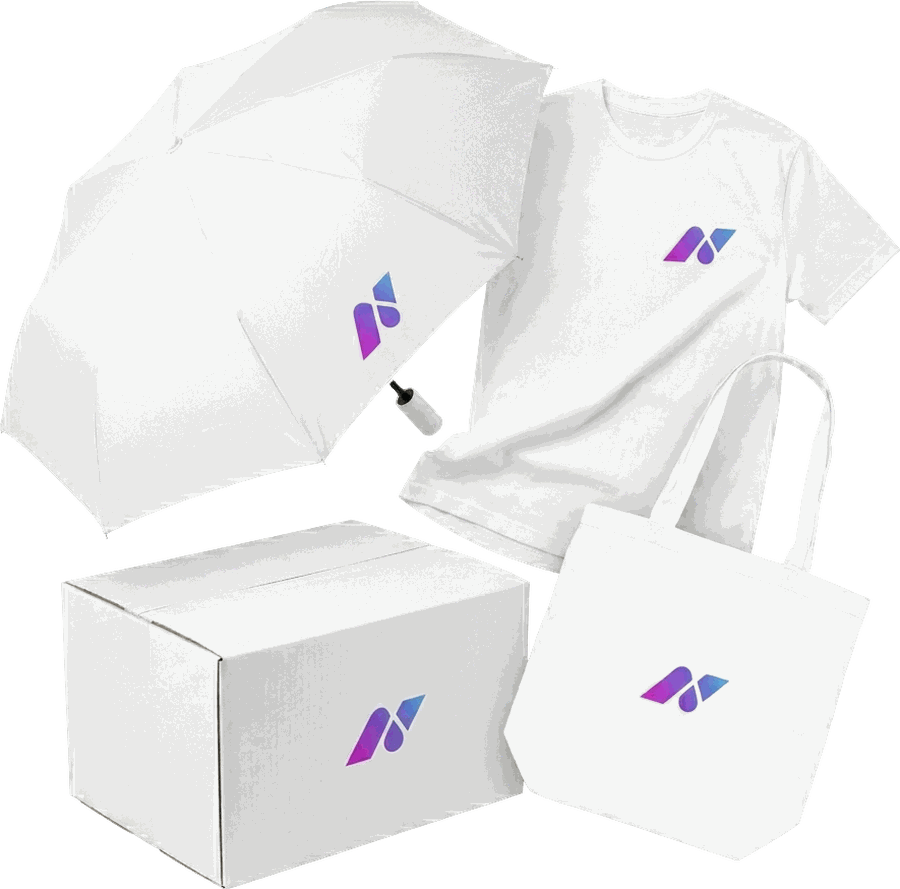 Potlačený Nexprim merch — tričko, plátená taška, dáždnik a darčeková krabica